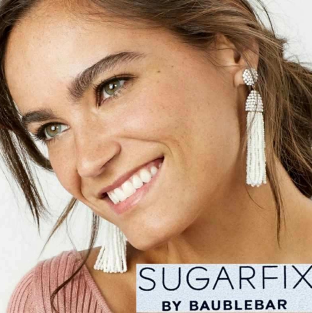 Sugarfix by Baublebar White Beaded Tassel Post Earrings w/ Gold Tone background